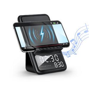 스마트폰거치대 무선충전기 겸용5in1 LED탁상시계 알람 요일표시 블루투스스피커 거울