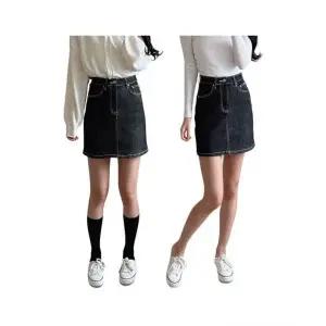 큐즈 S-2XL숏/기본 2단 기장 여성 논페이드 데님 미니 스커트 스판 청치마 키작녀 빅사이즈 480490