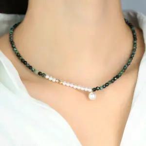 [리즈타라]14k 컷금볼 천연 에메랄드 원석 보테 언발란스 진주 목걸이 [주문제작]