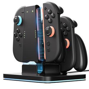 인체공학적 편안한 그립, 강력한 자력, 고속 충전기 도크, 9개의 RGB 조명 모드 및 USB-C 케이블을 갖춘 닌텐도 스위치 2 조이콘 2025용 COOWPS 3 in 1 충전 그립 도크