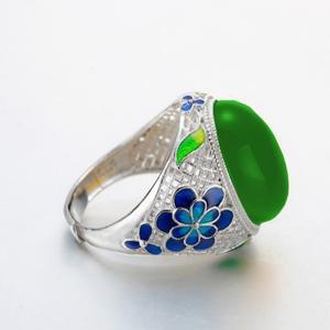 여성용 옥 계란 모양 반지 아름다운 칠보 에나멜 푸른 꽃 어머니에게 선물 925 실버 주얼리