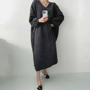 TE 골지 긴팔 봄 브이넥 퍼프 루즈핏 빅사이즈 데일리룩 간절기 롱원피스 40대 여성