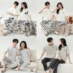 컨피던스 커플용 반팔 긴바지 잠옷 상하의 세트 체크 홈웨어 데일리 파자마