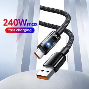 0.25/1/1.5/2M 240W USB to 타입 C 고속 충전 나일론 데이터 케이블 LED 디지털 디스플레이 PD 퀵 차지 폰
