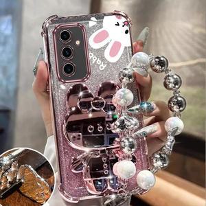 S 25 에어백 반짝이 거울 토끼 전화 홀더 케이스 삼성 갤럭시 커버 안티 뒷면 노크 FE S23 플러스 S25 울트라 S24 스탠드