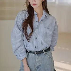스트라이프 원포켓 카라 셔츠 면 긴팔 오버핏 여성 빅사이즈