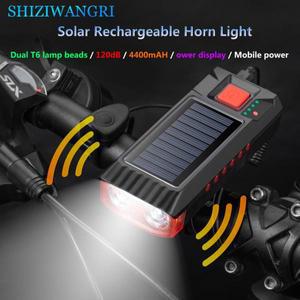 SHIZIWANGRI 자전거 조명 전면 USB 충전식 태양열 LED 램프 140dB 경적 액세서리 4400mAh 손전등