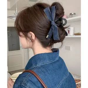 여자 데님 골드 장식 리본 집게핀 예쁜삔