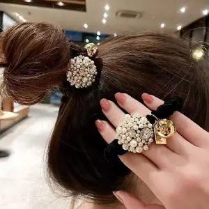 [골드스마일]진주고무줄 큐빅머리끈 당고머리 곱창끈 세트 진주헤어끈 똥머리끈