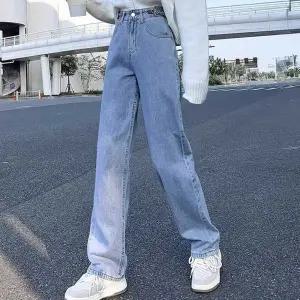 여성용 와이드핏 일자 청바지 하이웨스트 데님 데일리