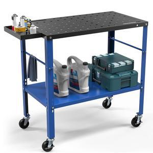 휠이 있는 YITAHOME 휴대용 용접 테이블, 36인치 x 18인치 금속 작업대, 5/8인치 고정 구멍, 1200파운드 적재 용량 금속 용접대, 수납 트레이 및 여분의 중간 선반 블랙 & 블루