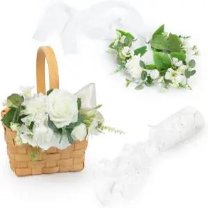 TINGE 타임 플라워 크라운을 가진 걸을 위한 인조 꽃 장식 웨딩 바구니 3종 세트 실크 장미 꽃잎 400개