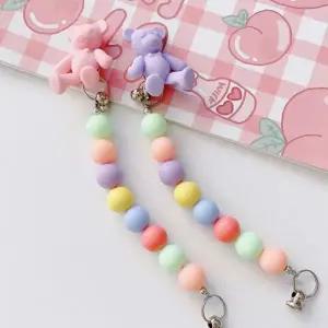 파스텔 컬러 비즈 핸드폰줄 곰인형 장식 핑거링 스트랩 분실방지 휴대폰 액세서리