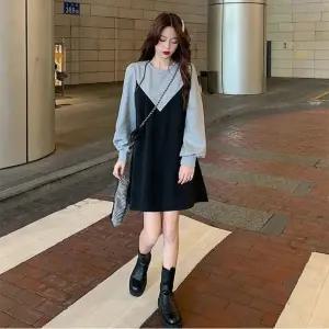 라운드넥 배색 원피스 캐주얼 A라인 긴팔