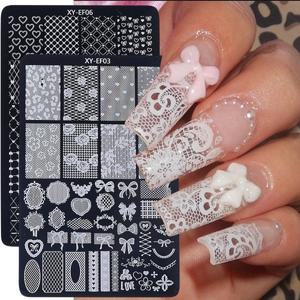 레이스 플라워 3D 네일 아트 스탬핑 플레이트 보우 하트 라인 나비 프린팅 템플릿 플로럴 스텐실 매니큐어