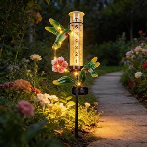 벌새 강우량 측정기 야외, LED 조명 및 플라스틱 계량컵이 있는 마당용 태양광 말뚝 정원, 잔디밭, 경로 장식용 대형 야외