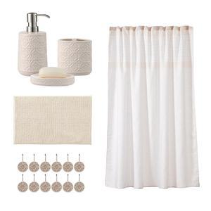 모티퍼 욕실 액세서리 세트, 로션 디스펜서/비누 펌프, 비누 접시 및 칫솔 홀더, 목욕 매트, 12개의 후크가 달린 샤워 커튼 패턴, 황갈색 이 포함된 세트