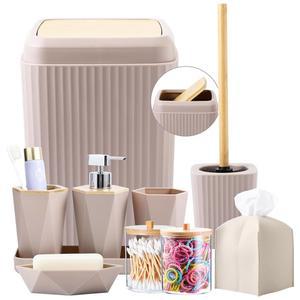 베이지 욕실 액세서리 세트, 쓰레기통, 트레이, 비누 디스펜서, 접시, 칫솔 홀더, 컵, 휴지 변기 브러시 및 큐팁 홀더가 포함된 대나무 세트 10개
