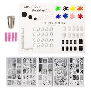 보트 갤러리아 번들 네일 아트 스탬핑 세트 - 5가지 스타일의 에칭 플레이트 이미지 템플릿, 실리콘 매트, 스탬퍼, 스크래퍼 및 인스트럭션 카드