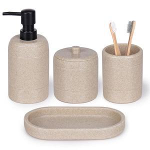 하투리 베이지 욕실 액세서리 세트, 4개의 스톤 스타일 로션 디스펜서, 칫솔 홀더, 큐팁 카운터탑용 배니티 트레이 u2013 우아한 모던 뉴트럴 장식