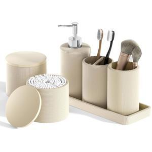 InnJoey 6피스 베이지 욕실 세트 - 비누 디스펜서, 칫솔 홀더, 컵, 배니티 트레이 및 작은 공간용 약병이 포함된 메쉬 텍스처 액세서리