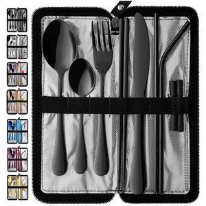 케이스 세트(블랙 세트 안정식 세트) 도구, 반드바오 가능한 9개, 여행 재사용 은식기, 스테인리스 고정용 식기 휴대용 캠핑 스틸