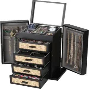주얼리 정리함 라탄 박스 거울이 있는 5겹 나무 여성 남성용 서랍 4개가 반지 귀걸이용 블랙 보관 목걸이