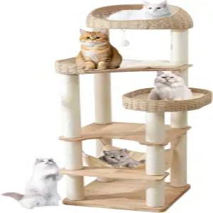 실내 고양이를 위한 JLDUQKUM 나무 고양이 대형 긁는 기둥이 있는 62인치 높이의 타워 손으로 짠 바구니가