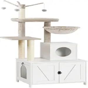 실내용 쓰레기통 인클로저가 있는 후브로 고양이 나무 타워 긁는 기둥이 콘도 가구 숨겨진 곳 올인원 집