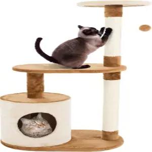 펫메이커 고양이 나무 콘도 3단 및 긁힘 기둥 포함 37.5인치 갈색 황갈색