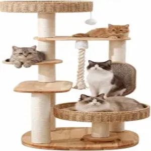 큰 고양이를 위한 JLDUQKUM 나무 고양이 실내 긁는 기둥이 있는 높은 타워 손으로 짠 침대가 다단계 콘도