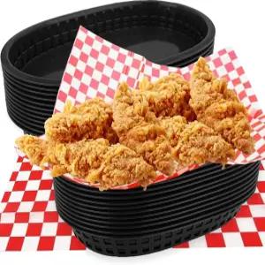 라라베이엠 18팩 플라스틱 패스트푸드 바구니 100장의 시트 10.5 x 7인치 타원형 푸드 및 라이너 재사용