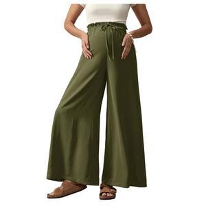 보드럼 여성 임산부 탄력 하이 웨이스트 팬츠 매듭 앞 넓은 다리 임신 바지