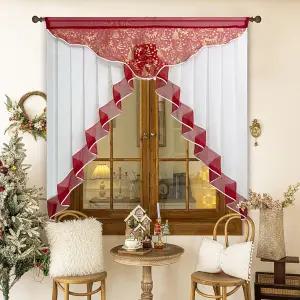 Gxi 크리스마스 시어 키친 커튼 스웨그 화이트 및 버건디 밸런스 도어 패널 로드 포켓 보일 윈도우 처리