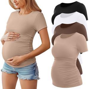 후케이 4팩 여성 임산부 셔츠, 크루넥 탑 반팔 캐주얼 코튼 티 사이드 리치 임신복