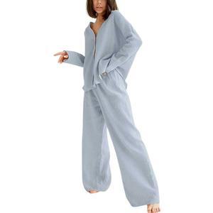 대구 여성 코튼 거즈 라운지웨어 세트 캐주얼 2피스 슬립웨어 버튼 다운 셔츠와 와이드 레그 팬츠 의상