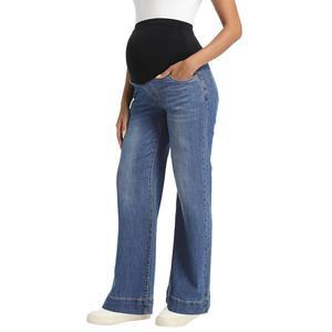 푸코메 여성 임산부 청바지 와이드 레그 트렌디 편안한 신축성 스트레이트 임신 데님 팬츠