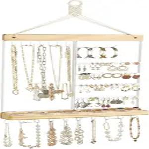 음코노 걸이식 보석 정리함 벽걸이 귀걸이 홀더 금속 목걸이 나무 선반 55개의 구멍과 7개의 후크가 있는