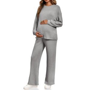 유시파이 여성 임산부 잠옷 세트 2피스 의상 골지 니트 긴팔 상의 바지 라운지웨어 마마 의류