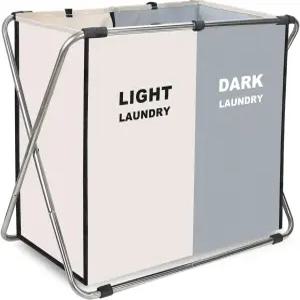 세탁 천 바구니 분류 통 접이식 2 섹션 스테인리스 스틸 프레임 보관 더러운 옷 가방 욕실 침실 가정용