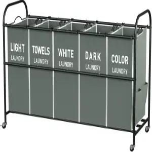 5섹션 세탁 분류 카트 잠글 수 있는 롤링 휠이 대형 바구니 더러운 옷을 위한 탈착식 가방이 다용도 보관
