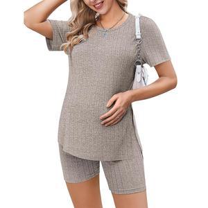 에쿠아르 산부인과 세트 2피스 의상 골지 니트 반팔 셔츠와 바이커 반바지 임신 라운지웨어 마마