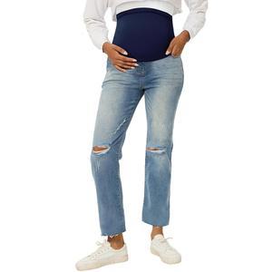 포이티 모선 찢어진 청바지 마멸 밑단 업데이트 스트레이트 레그 편안한 배 위 스트레칭 임신 바지