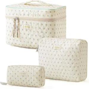 HBselect 퀼트 메이크업 가방 3PCS 코튼 대형 여행용 귀여운 플로럴 코켓 여성용 화장 화장품