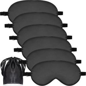 6피스 내추럴 실크 수면 마스크 부드러운 조절 스트랩 눈가리개 섀드 부드럽고 편안한 커버, 수면용 가방 포함 (블랙)