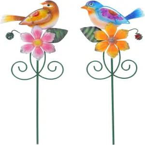 토파도른 꽃밭 말뚝 야외 식물 잔디 마당 파티오 통로 장식용 방수 금속 꽃봉 꽃과 새 2종 세트