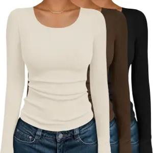 에쿠아르 여성 긴팔 셔츠 3팩 스쿱 넥 골지 상의 보온 언더셔츠 소프트 레이어링 티 XS-XXL