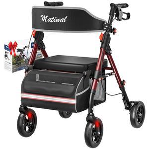 시니어용 매티널 워커, 좌석이 있는 롤레이터 350파운드 용량, 8인치 빅 휠, 롤링 워커(버건디)