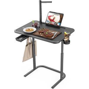 SAIJI XXL 초대형 TV 트레이 테이블 높이 및 기울기 조절식 헤비 듀티 LED 조명이 있는 리클라이너 소파 책상, 컵 홀더, 책장