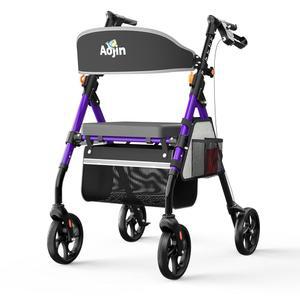 노인용 시트, 350파운드 용량, 8인치 휠, 17.7인치 빅 6자세 조절 가능한 높이, 초경량 알루미늄 프레임 롤링 워커(퍼플)를 갖춘 Aojin 경량 접이식 롤레이터 워커